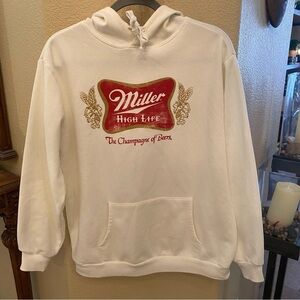 Miller High Life Beer Graphic Oversize White Hoodie Sweatshirt Size Small-Unisex